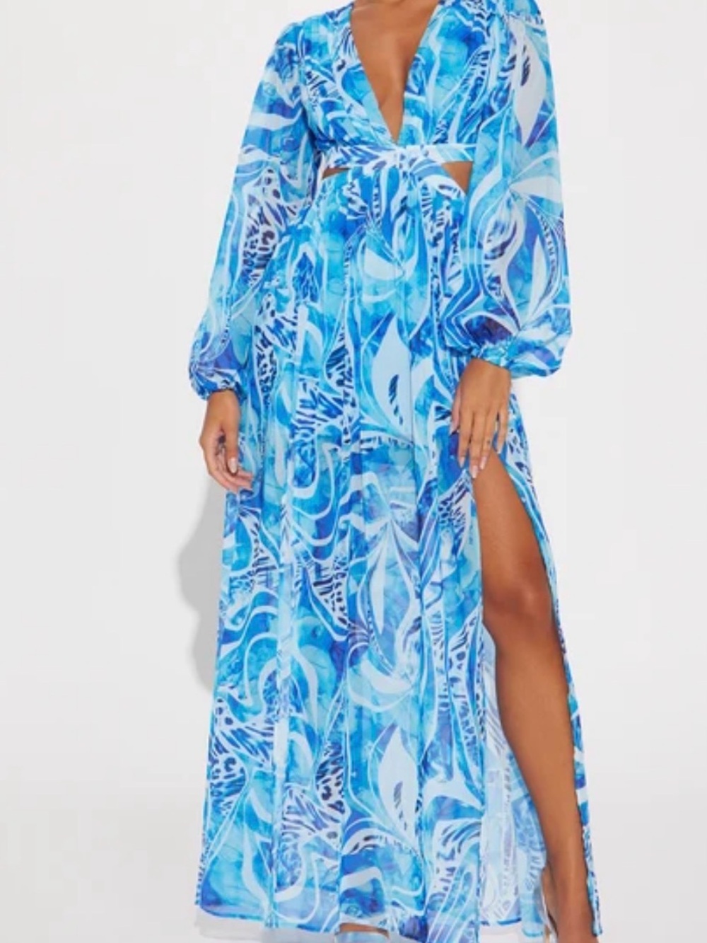 Fashion Nova Blue Multi Print Long Sleeve Maxi Dress with Side Slit